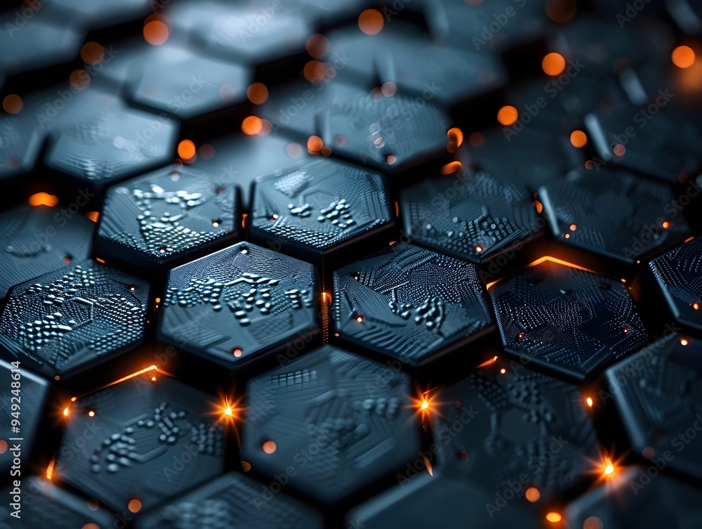 Abstract hexagonal pattern with glowing orange lights. Abstract hexagonal pattern with glowing orange lights.