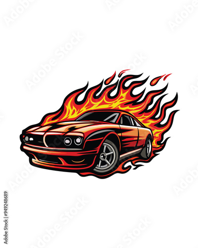 A t-shirt design featuring a racecar made entirely of fire with flames bursting out behind it.