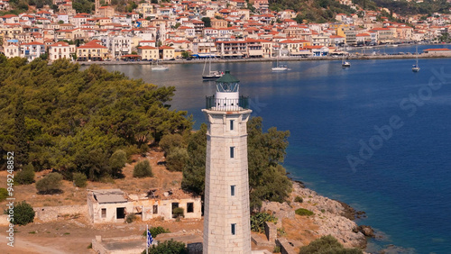 greece peloponnese region gytheio town lighthouse coastal houses chapel and boats aerial view photo