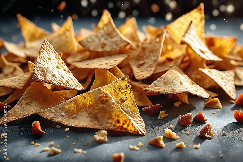 Golden Tortilla Chips on Dark Surface with Crumbs Golden Tortilla Chips on Dark Surface with Crumbs