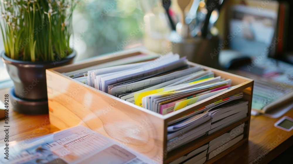 A receipt box with neatly organized receipts, placed next to a stack of tax documents