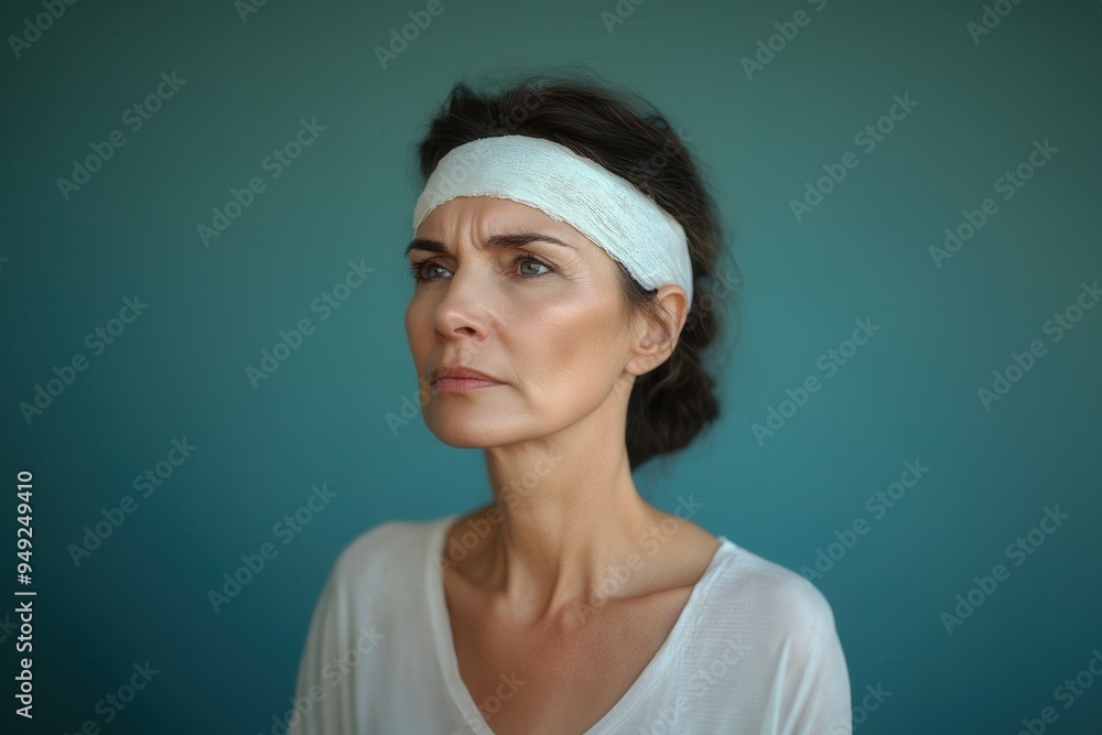 Mature woman (50s) with a bandage on her forehead, recovering from a minor head injury, looking dazed and confused, against color #41B3A2 background. Red highlight on forehead. Mature woman (50s) with a bandage on her forehead, recovering from a minor head injury, looking dazed and confused, against color #41B3A2 background. Red highlight on forehead.