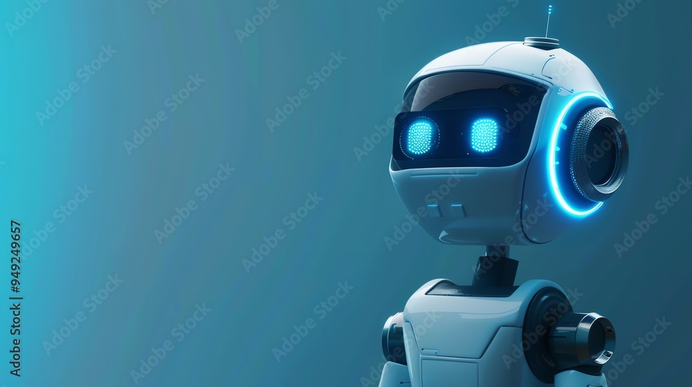A white robot with glowing blue eyes on a blue background. A white robot with glowing blue eyes on a blue background.