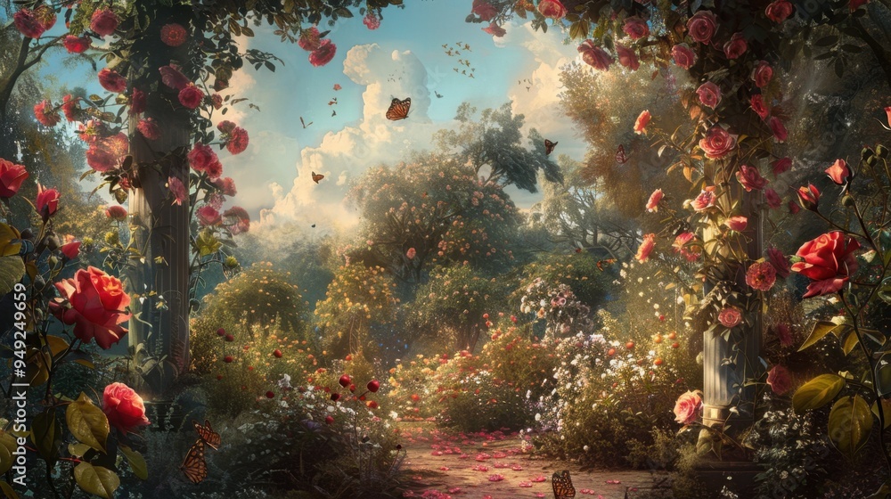 A rose garden in full bloom, with bees and butterflies fluttering among the flowers A rose garden in full bloom, with bees and butterflies fluttering among the flowers