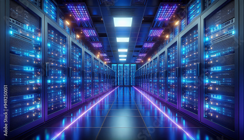 A futuristic data center with rows of server racks illuminated by blue and purple LED lights, showcasing modern technology and infrastructure.