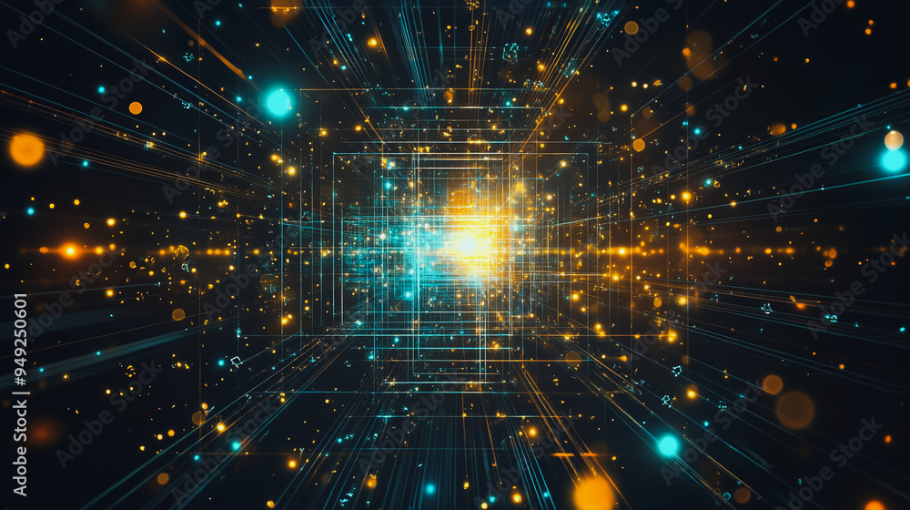 Fototapeta premium Abstract light explosion and network points, dot, earth's surface, digital background Innovation network points Earth's surface wave background digital wave information technology background