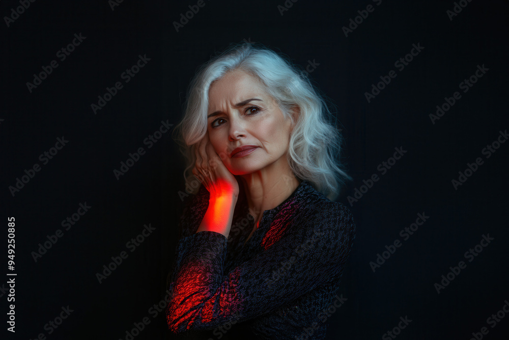 A mature woman in her 60s, with grey hair and a black patterned blouse, looks at the camera with a concerned expression, resting her hand on her chin. The background is black and there is a red light A mature woman in her 60s, with grey hair and a black patterned blouse, looks at the camera with a concerned expression, resting her hand on her chin. The background is black and there is a red light