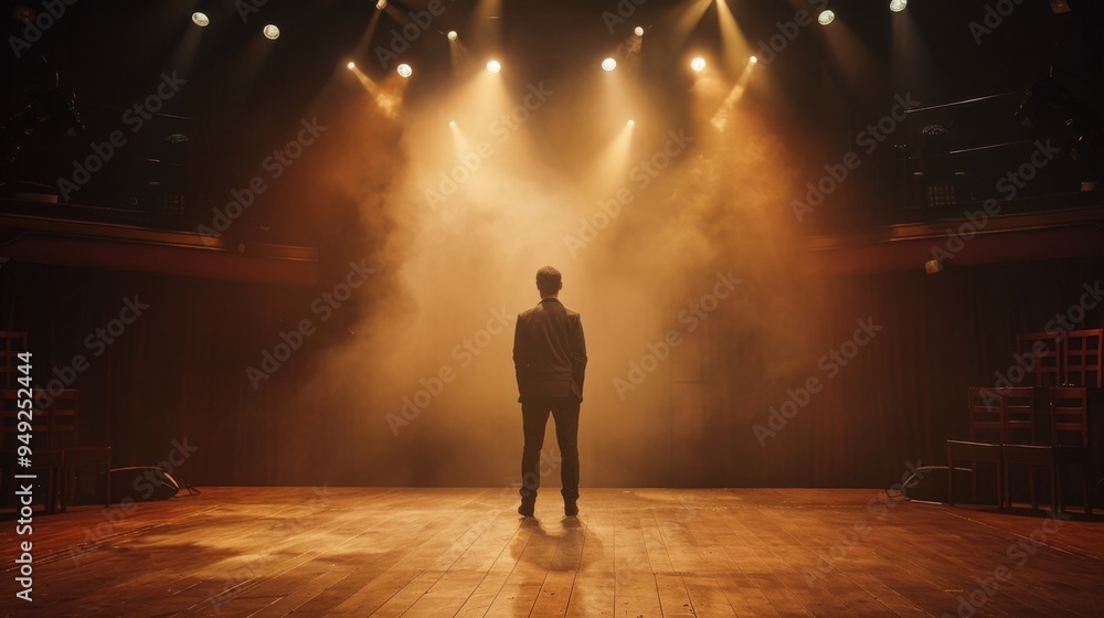 Fototapeta premium A theater stage with soft, warm lighting highlighting an actor in the center