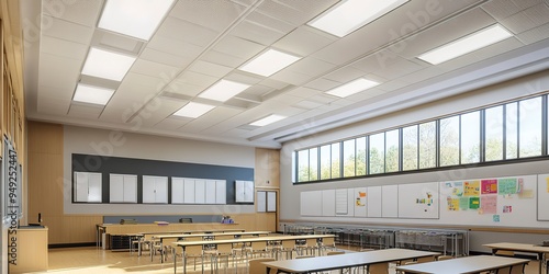 A modern classroom ceiling with recessed lighting and acoustic panels for better sound quality.  photo