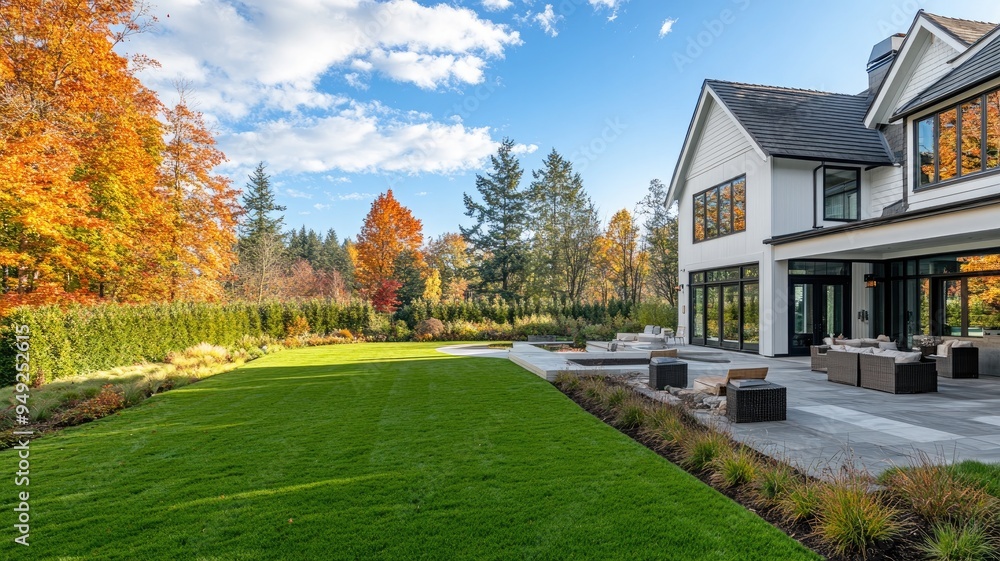 Spacious modern house with large green lawn and patio in autumn Spacious modern house with large green lawn and patio in autumn
