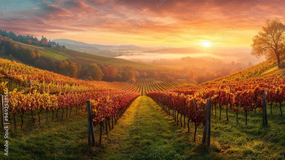 Fototapeta premium Sunrise over colorful vineyard hills with autumnal foliage and distant fog
