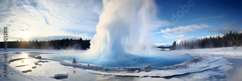 Epic display of geo-thermal power: A fierce Geyser eruption against the impartial blue sky