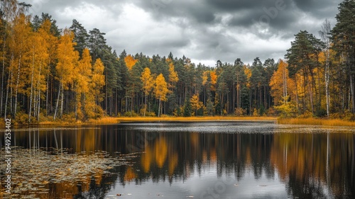 Serene lake surrounded by autumn trees under cloudy skies