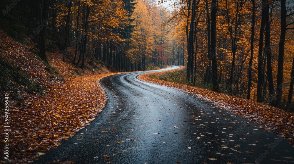 Obraz premium Wet, winding forest road covered in autumn leaves, surrounded by trees