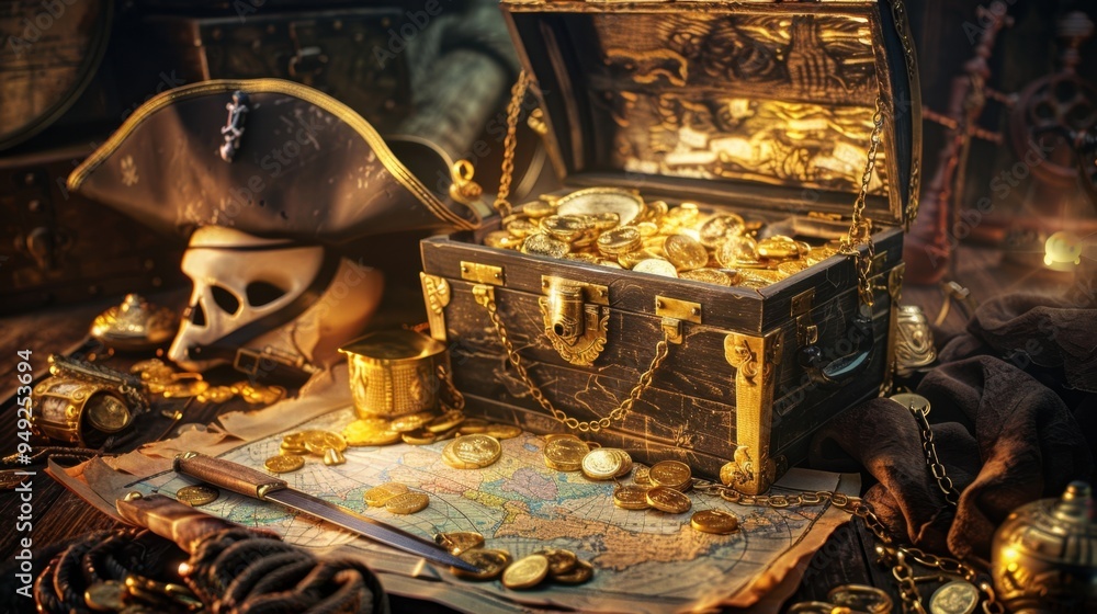 Fototapeta premium A treasure chest surrounded by pirate gear, including a hat, map, and sword, with gold coins spilling out