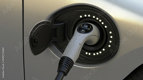 Electric car charging, cable plugged in, LED charging indicator, bright parking lot light photo