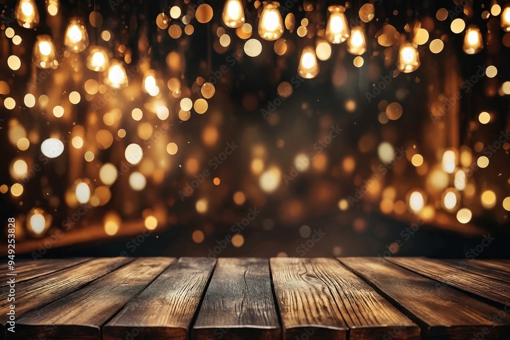 Wooden Table with Sparkling Lights Background Wooden Table with Sparkling Lights Background