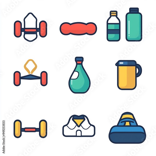 Minimalist Fitness Icons Icons various fitness activities dumbbell running shoe yoga mat heart rate monitor and water bottle The design should emphasize clarity and uniformity across the set photo