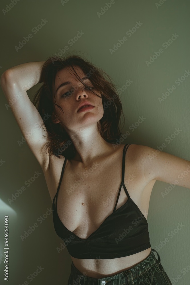 A woman leans against a wall wearing a black bra top, the background is out of focus A woman leans against a wall wearing a black bra top, the background is out of focus
