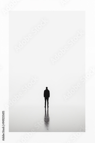 A man stands alone in a foggy, desolate landscape