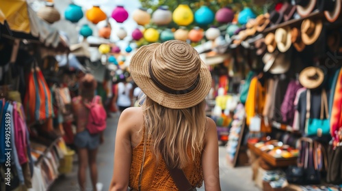 A woman in a straw hat walks through a busy market with colorful lanterns overhead. photo