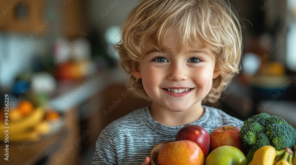 Fototapeta premium little cute smiling boy holding bowl with fruits and vegetables in kitchen, child, kid, kids, healthy eating, bananas, apples, broccoli, food, vegetarianism, portrait, person, face, dish