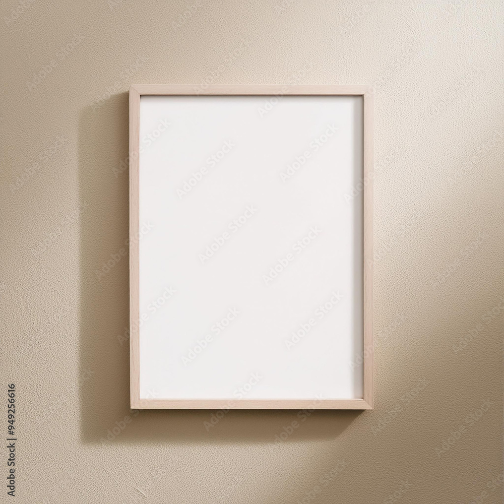 Empty wood frame hangs on a beige wall with soft natural light. Empty wood frame hangs on a beige wall with soft natural light.