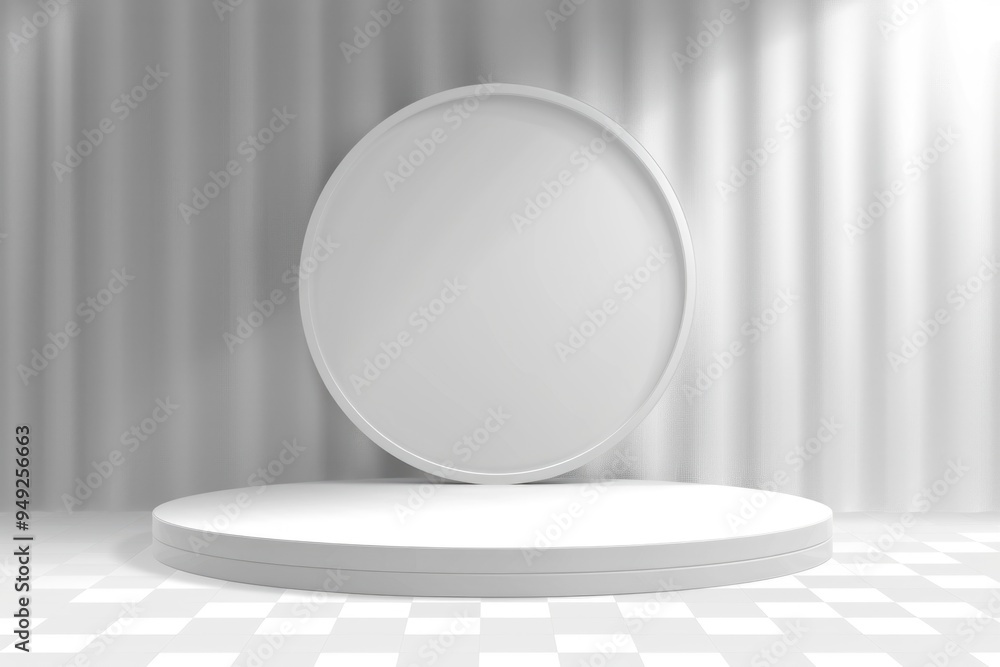 A simple round white podium standing on a checkered floor, perfect for presentations, awards, or ceremonies A simple round white podium standing on a checkered floor, perfect for presentations, awards, or ceremonies