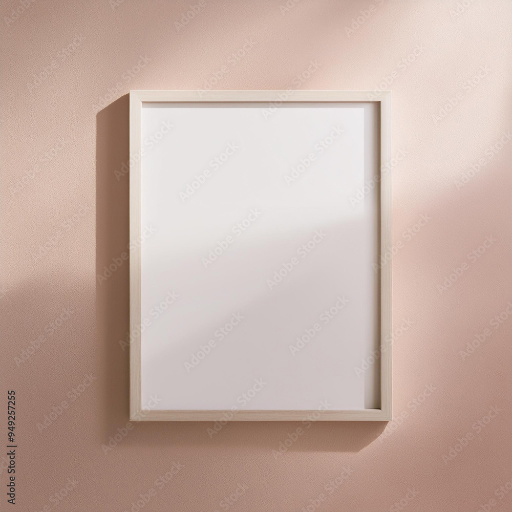 Blank white frame hangs on a pastel pink wall with lighting creates a soft shadow on the wall. Blank white frame hangs on a pastel pink wall with lighting creates a soft shadow on the wall.