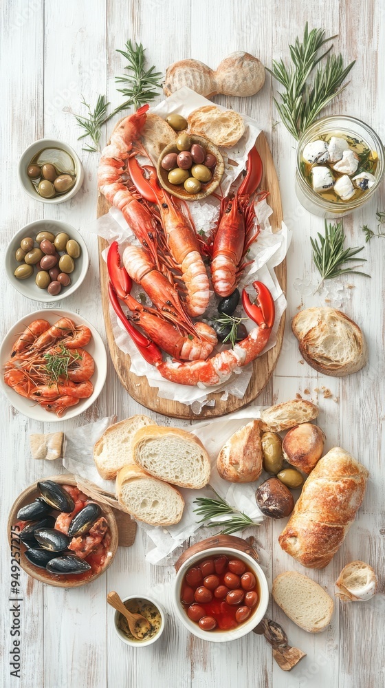 Fototapeta premium A vibrant assortment of seafood, crusty bread, and olives is presented on a wooden table, capturing the essence of Mediterranean summer dining