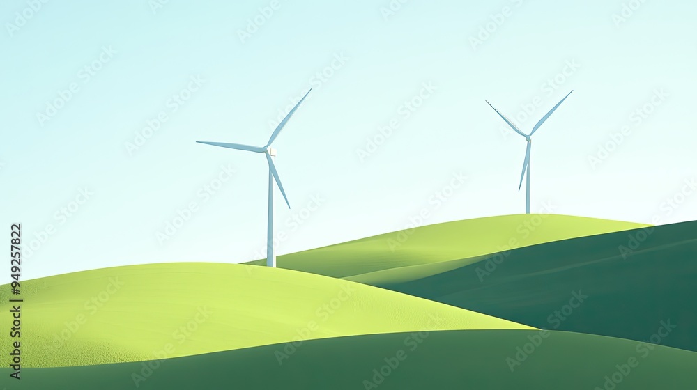 Fototapeta premium Large wind turbines on a hillside, generating electricity, clear blue sky, sunny day