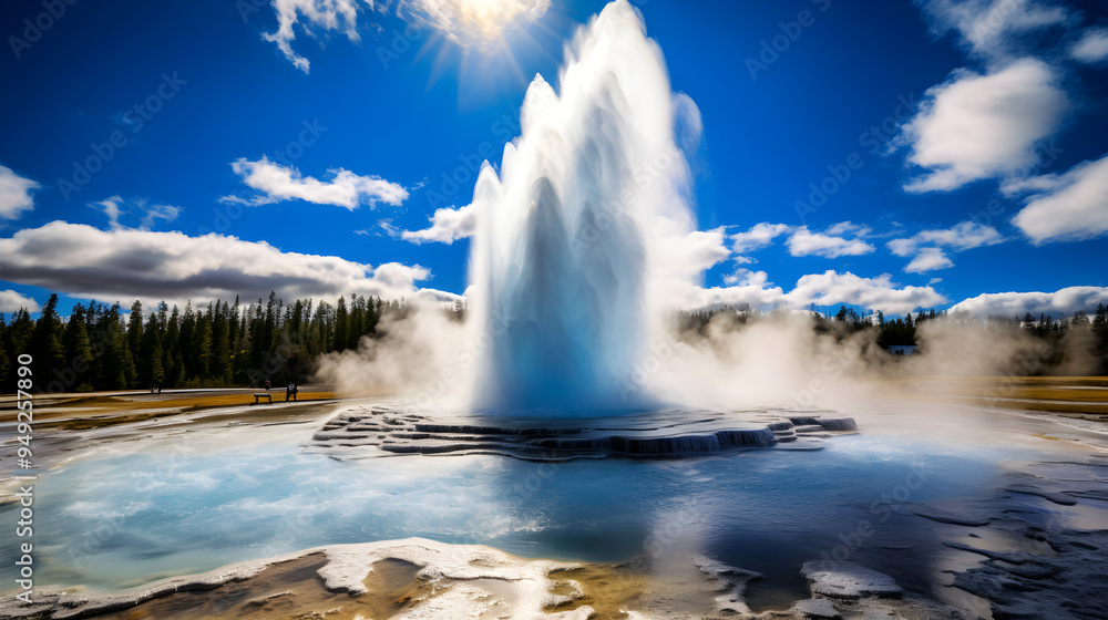Epic display of geo-thermal power: A fierce Geyser eruption against the impartial blue sky Epic display of geo-thermal power: A fierce Geyser eruption against the impartial blue sky