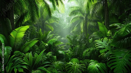 Lush rainforest, mist hanging in the air, diverse plants and trees, early morning light