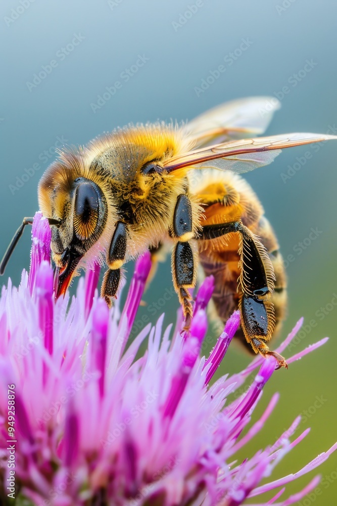 Close-up photo of a bee on a flower, suitable for use in nature or environmental contexts Close-up photo of a bee on a flower, suitable for use in nature or environmental contexts