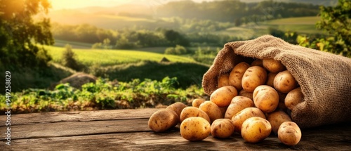 Potatoes spilling from a burlap sack on a wooden table with a blurry rural background.