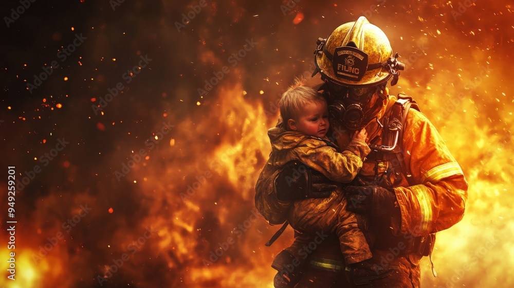A brave firefighter rescues a child from a massive blaze, showcasing heroism and selflessness amidst intense flames and smoke. A brave firefighter rescues a child from a massive blaze, showcasing heroism and selflessness amidst intense flames and smoke.