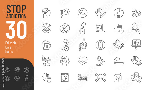 Stop addiction Line Editable Icons set. Vector illustration in thin line modern style of bad habits related icons: smoking, alcohol, drugs, and more. Isolated on white
