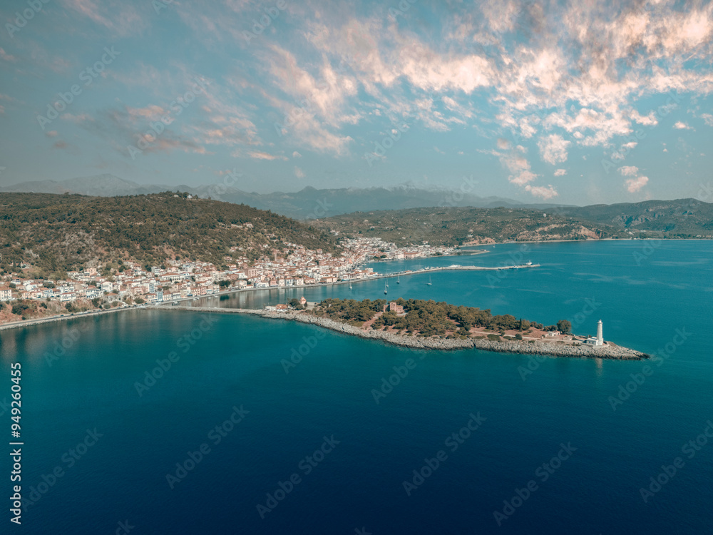 Fototapeta premium greece peloponnese region gytheio town lighthouse coastal houses chapel and boats aerial view