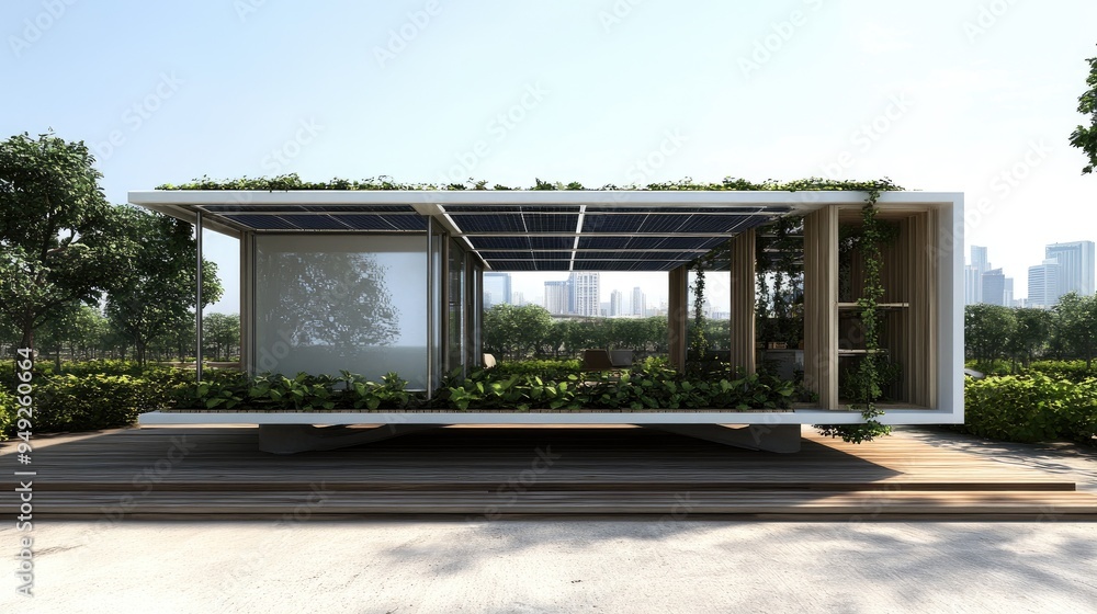 Modern eco-friendly home, natural wood, solar panels, urban garden, blue sky Modern eco-friendly home, natural wood, solar panels, urban garden, blue sky