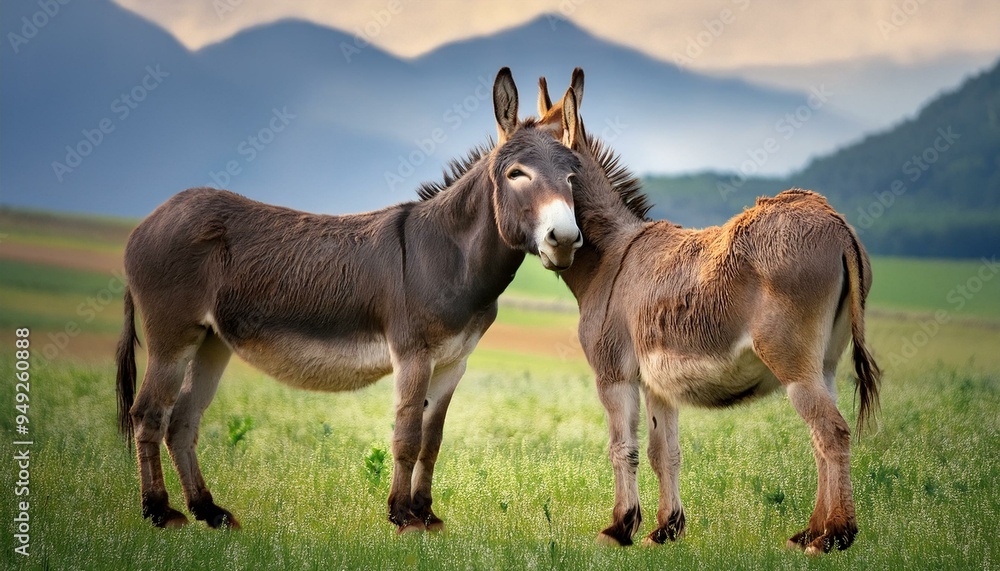 Fototapeta premium A pair of donkeys nuzzling each other affectionately in a green pasture, with a distant moun
