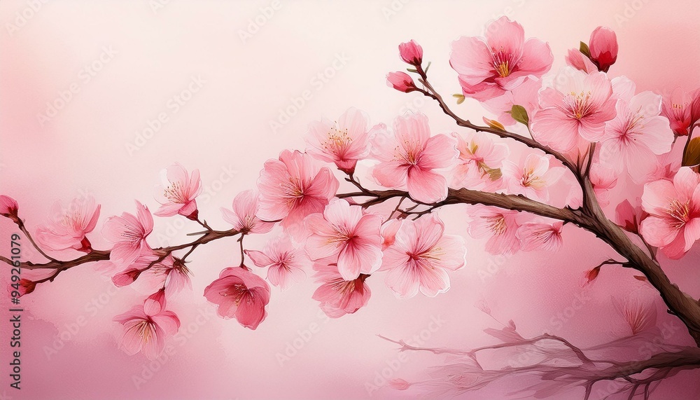 Fototapeta premium A thin, graceful branch with a few delicate pink cherry blossoms painted in watercolor. 
