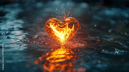 A dramatic image of a fiery heart burning brightly on a water surface, creating a stunning contrast between the elements of fire and water.