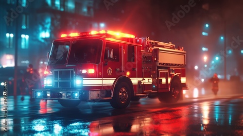 A fire truck with lights flashing speeds through city streets at night, reflecting on wet pavement.