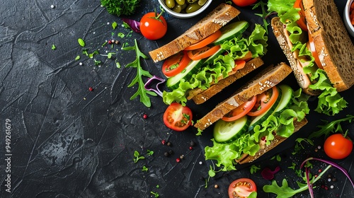 Closeup of a veggie sandwich with tomatoes, cucumbers, and lettuce.