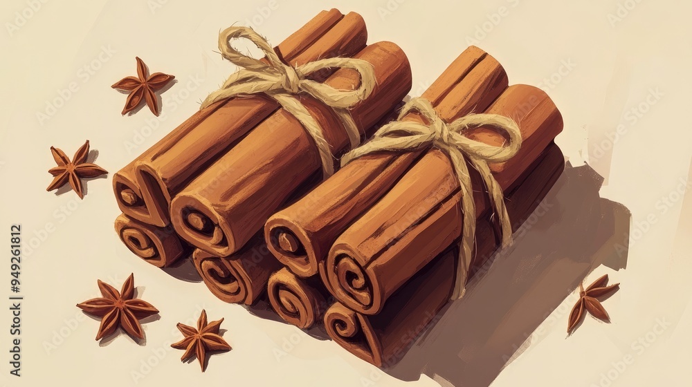 Organic cinnamon sticks, aromatic, tied with twine, scattered star anise, cozy setting Organic cinnamon sticks, aromatic, tied with twine, scattered star anise, cozy setting