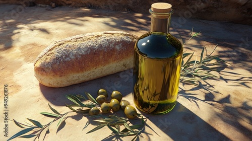 Organic cold-pressed olive oil, green tint, olives and bread beside, rustic setting photo