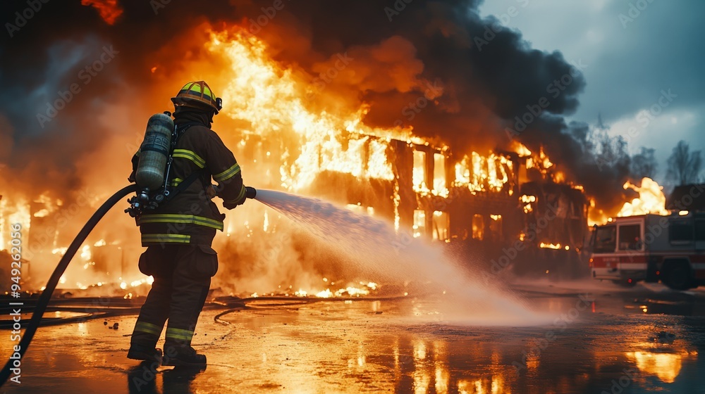 Obraz premium A firefighter in action battling a massive blaze consuming a building, demonstrating bravery and emergency response.