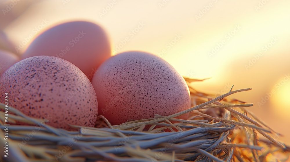 Obraz premium Organic eggs in a wicker basket, straw bedding, speckled shells, morning sunlight