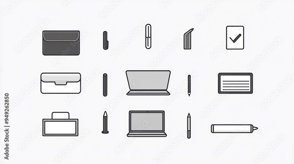 Minimalist Office Icons Icons representing typical office supplies paperclip notebook pen laptop folder Designed with simplicity in mind using only essential details to represent each object Minimalist Office Icons Icons representing typical office supplies paperclip notebook pen laptop folder Designed with simplicity in mind using only essential details to represent each object