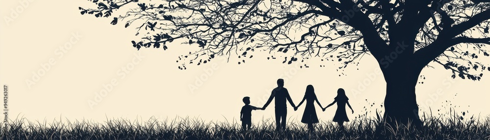 A serene silhouette of a family holding hands under a large tree, capturing a moment of love and togetherness in nature. A serene silhouette of a family holding hands under a large tree, capturing a moment of love and togetherness in nature.